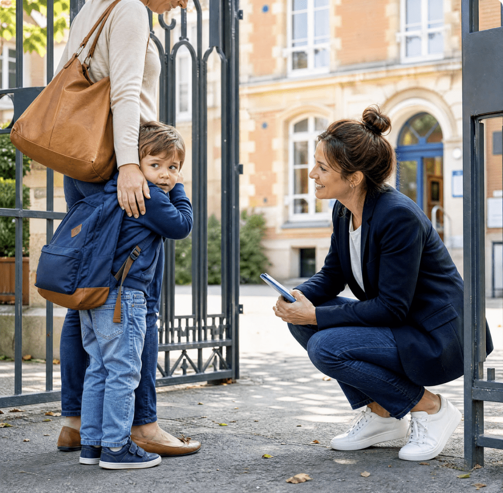 Enfant faisant sa première rentrée en maternelle, rassuré par sa maman avant d'entrer à l'école.