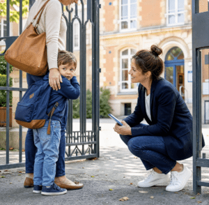 Enfant faisant sa première rentrée en maternelle, rassuré par sa maman avant d'entrer à l'école.
